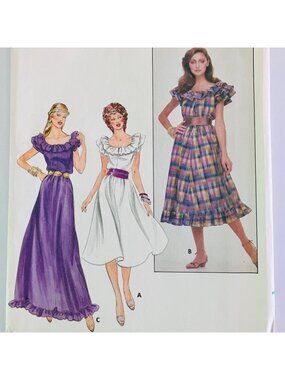 80s Butterick 4338 Boho Praire Dress Sewing Pattern Ruffle Collar Hem Sz 6-10 CC